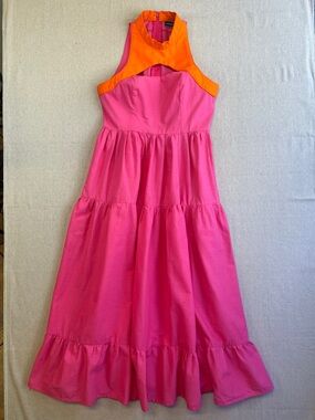 Forever Amelia Colorblock Halter Maxi Dress Pink Orange Tiered Small